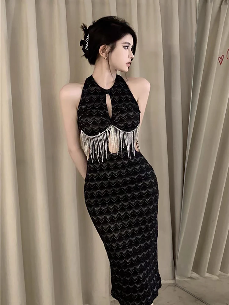 RORORIRI 女性ダイヤモンドタッセル背中の開いたホルターロングドレスノースリーブオフショルダーカットアウトスリムボディコンレトロイブニングパーティードレス