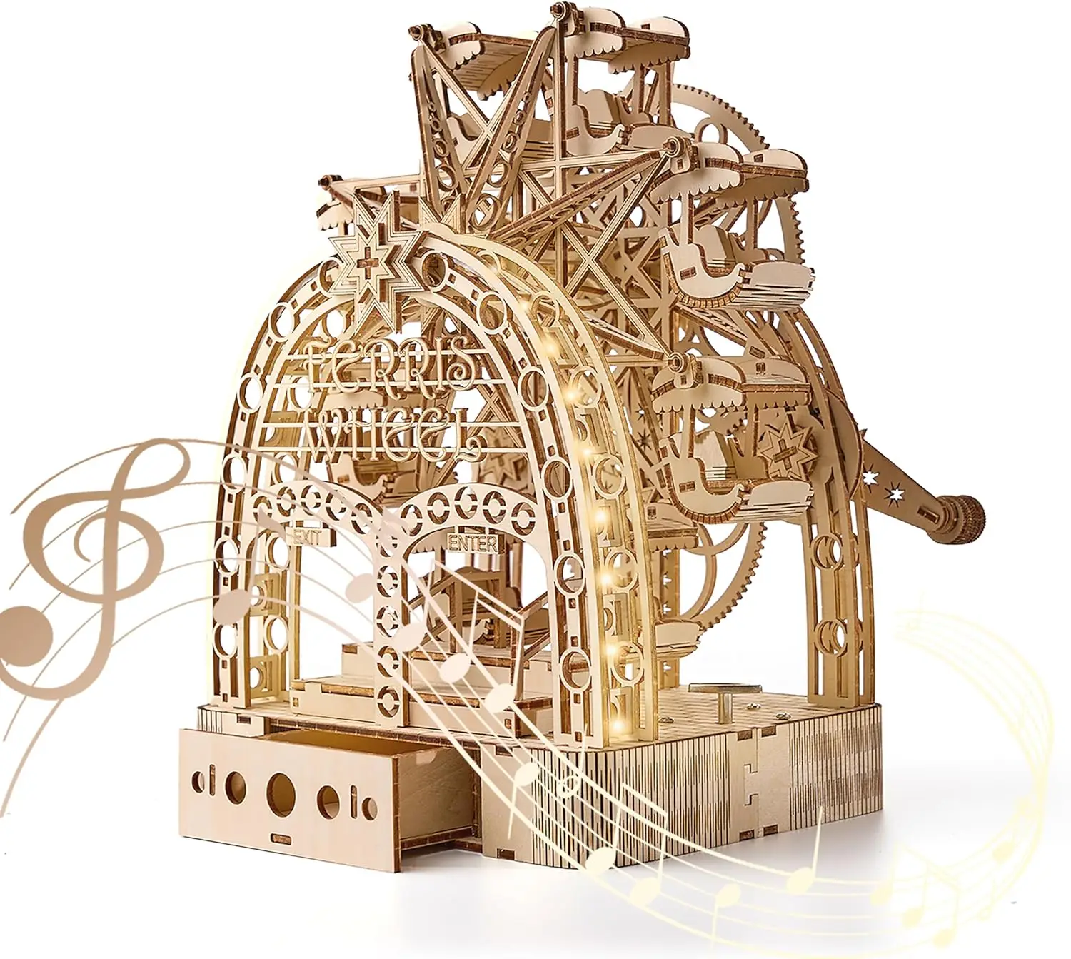 

3D Wooden Puzzle Light-Up Ferris Wheel with Music Box - 222 Pieces Model Building Kit for Adults, Fun Gift with Storage Box