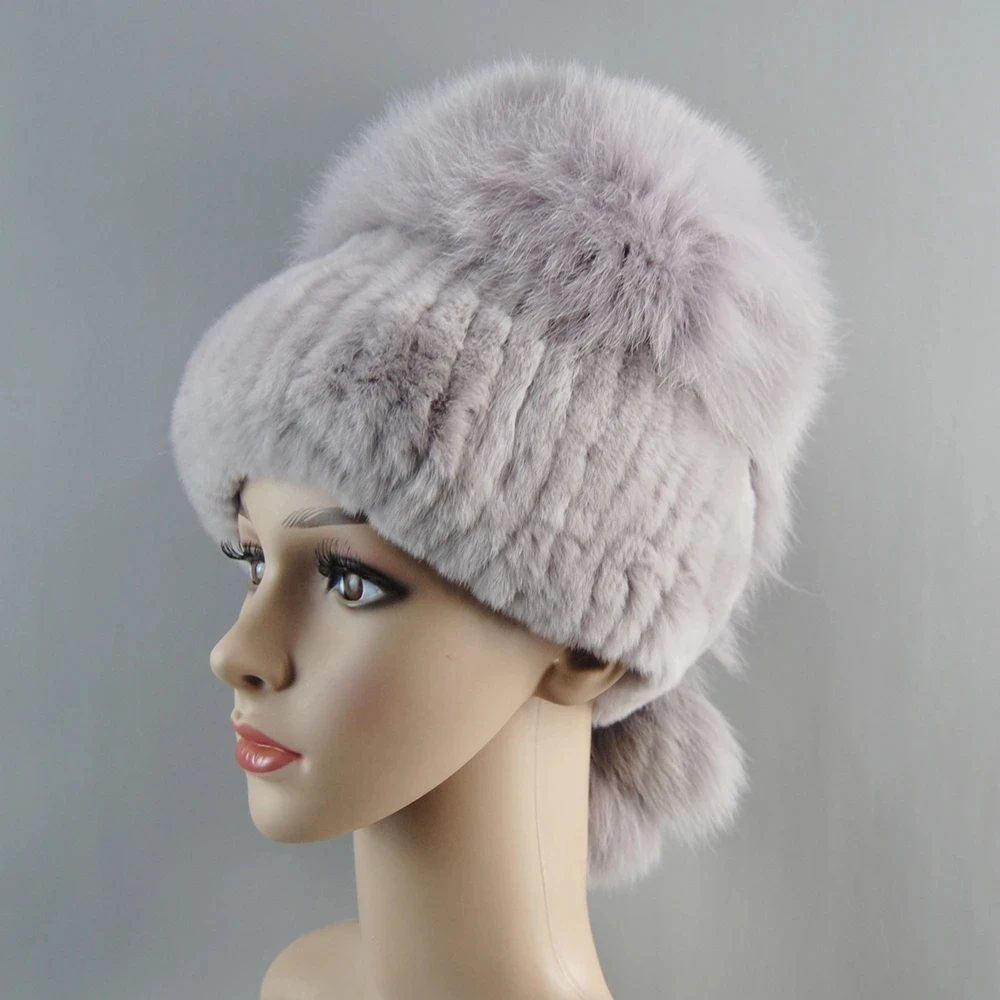 Winter Russian Natural Rex Rabbit Fur Hat Women Elastic Warm Soft Handmade Knitted Real Fur Cap Fox Fur Pom Poms Beanies Hats