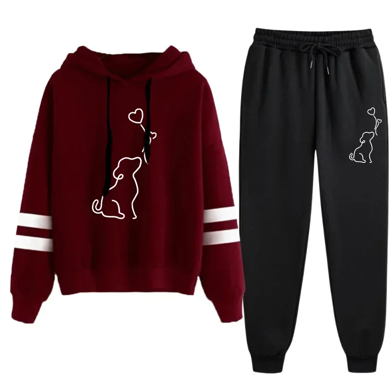 2026 Hot Sale Womens Tracksuit Hooded Sweatshirt Black Sweatpant Urban Casual Fashion Sportswear Cute Pattern Hoodie Jogger Set