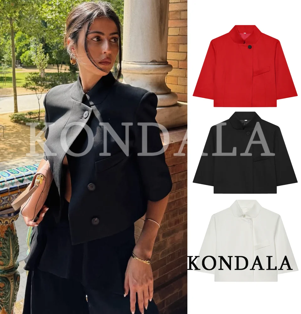 KONDALA Commute Short Sleeve Blazer Women Summer Elegant Stand-up Collar Short Blazer New 2026 Trendy High Street Casual Blazer