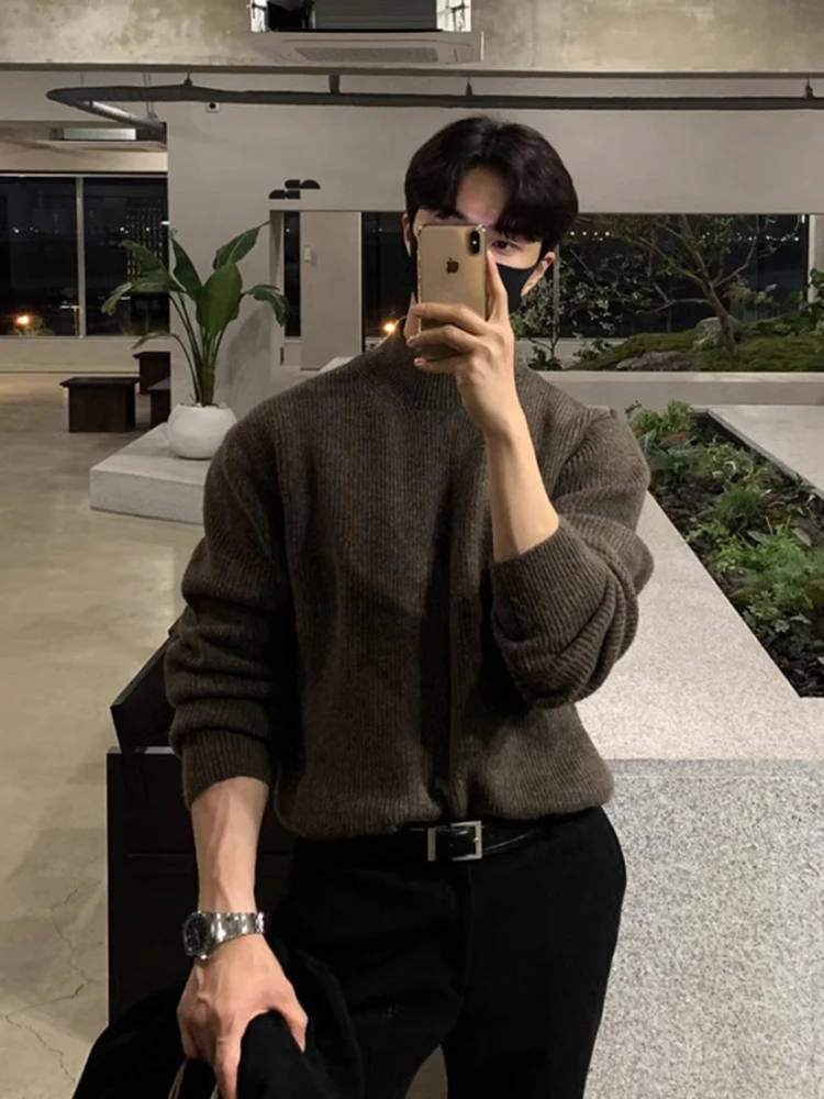 

Корейский мужской утепленный свитер с высоким воротником, весна-осень, вязаный, свободный крой, для повседневной носки, стильный и модный