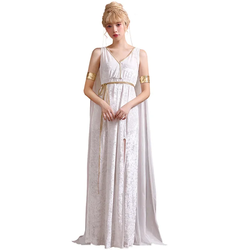 White Velvet Deep V Split Dress Greek Goddess Cosplay Costume Goddess Elegant Irregular Dress Costumes Party