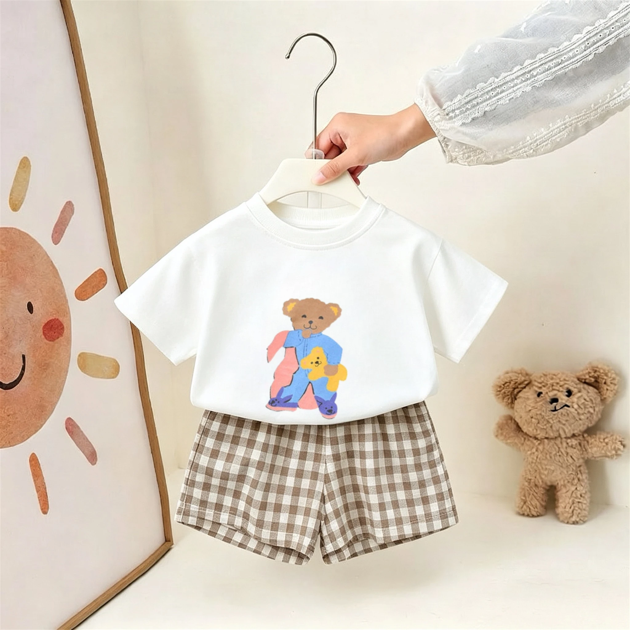 1-6 Age Children's Clothes Cartoon T-shirts Suit Summer Casual Tracksuit Baby Girl Boy Short Sleeve Tees + Plaid Shorts 2pc/set