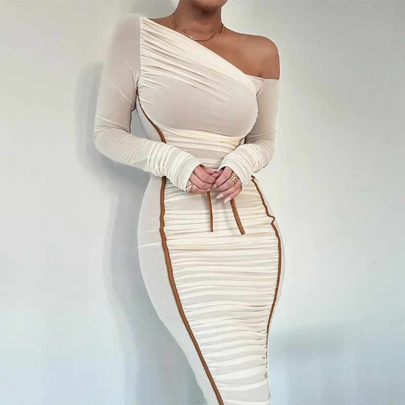 Elegante gola diagonal midi vestido para as mulheres novo duas camadas de malha sem costas ruched manga longa bodycon clube festa sexy vestidos longos