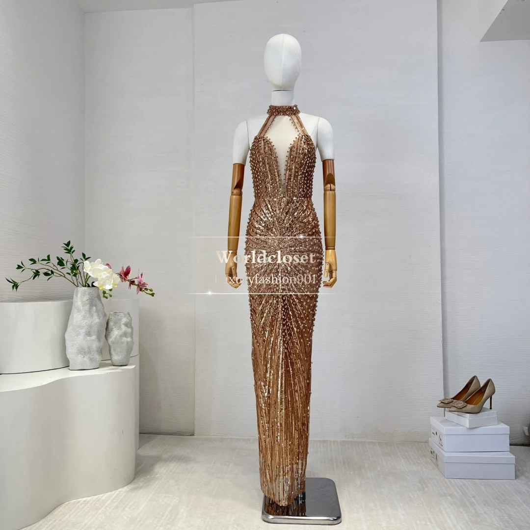 

2025 New Beautiful Brown Sleeveless Halter Mesh Diamonds Slit Hem Tube Maxi Dress