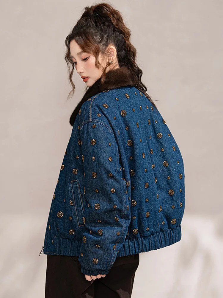 เสื้อแจ็คเก็ตยีนส์บุขนเป็ดสำหรับผู้หญิง ฤดูใบไม้ร่วง-ฤดูหนาว ปี 2025  พร้อมปกขนมิงค์แท้ สไตล์ลำลอง