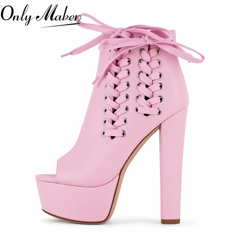 

Onlymaker Peep Toe Platform Ankle Boots Lace-UpChunky Block Heel High Heeled Open Toe Fashion Side Zipper Booties