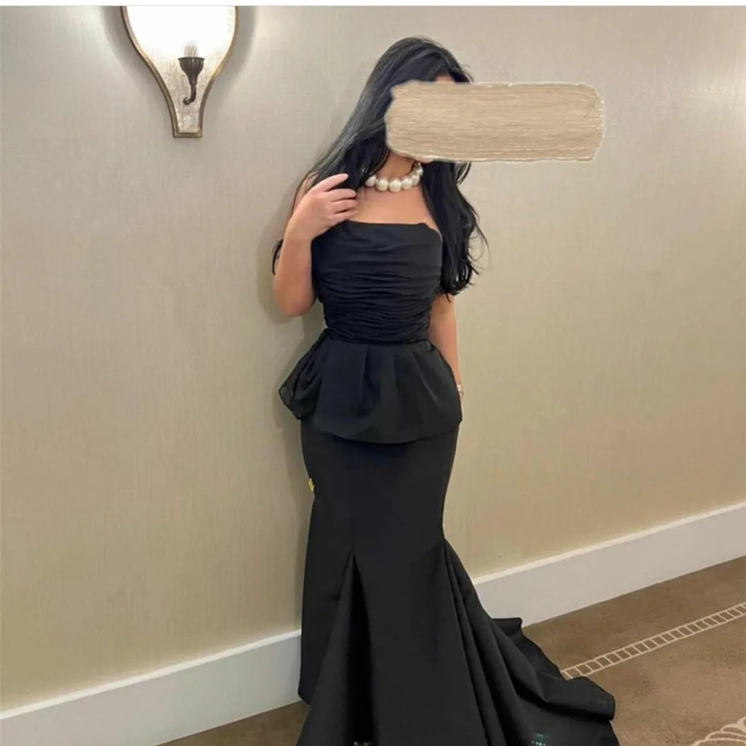 

Long Strapless Pleated Black Evening Dresses فساتين السهرة Mermaid Sweep Train Taffeta Prom Dress Robe de soirée for Women