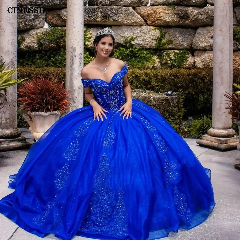 

Royal Blue Handmade Beading Crystal Quinceanera Dresses Ball Gown Off The Shoulder Appliques Lace Sweet 16 Vestidos De 15 Años