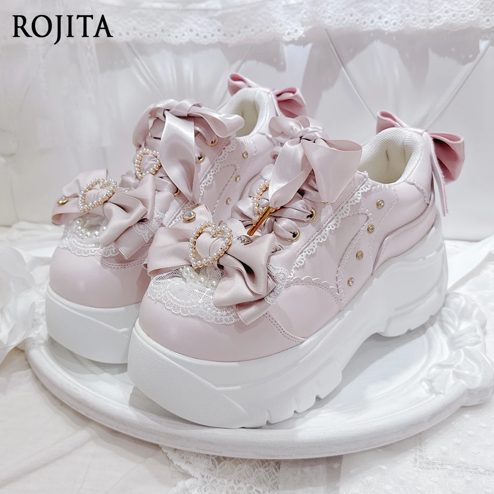 

Deep Mouth Thick Sole Shoes Spring and Autumn Japanese Style Sponge Cake Shoes Sweet Pink Lace Rhinestone Beaded Women's Shoes