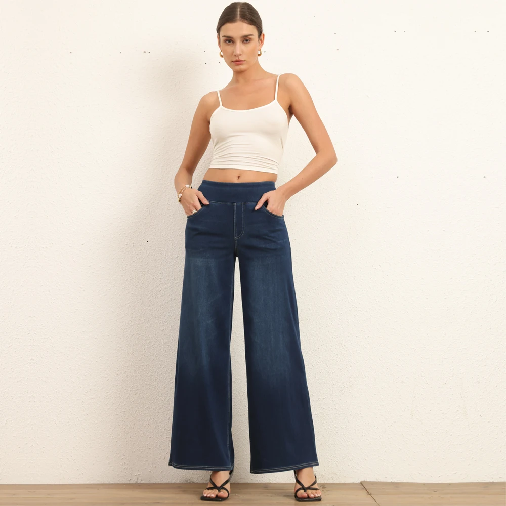 

Shascullfites Women's Summer Thin Wide Leg Jeans Dark Blue Soft Washed Stretchy Knit Casual Petite Jeans with Multiple Pockets