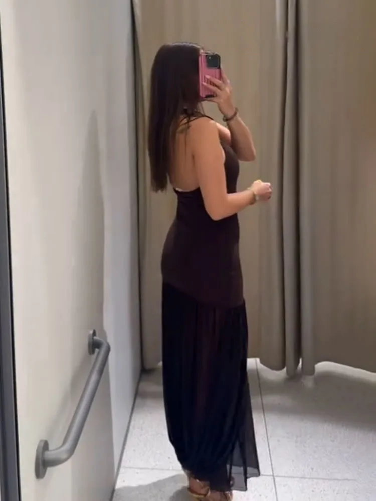 HH dames nieuwe mode zomer mouwloze jurk effen swingende kraag backless decoratie knop vrouwelijke sexy slanke lange jurk