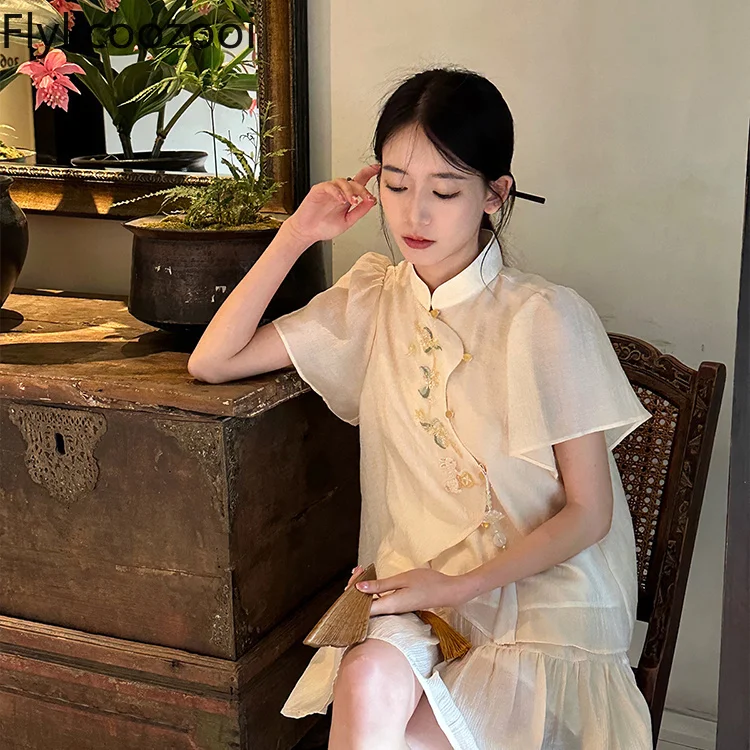 

Chinese Style Embroidered Irregular Single Breasted Spliced Shirt Women Mini Skirt Summer Fairycore Vintage Two Pieces Set