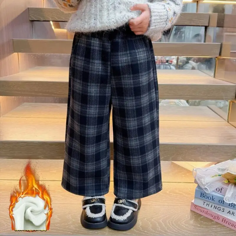 Hot Girl Winter Grid Pants Autumn Wide-Leg Pants Child Keep Warm Versatile Kawaii Fashion New Style Casual Clothing Homewear Y2K