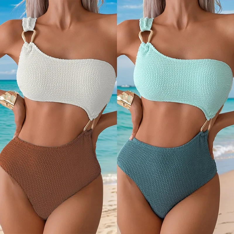 2025 جديد المرأة واحدة الكتف مجموعة البكيني حلقة معدنية كتلة اللون قطعة واحدة مثير زي سباحة من قطعتين لقضاء عطلة الشاطئ وحفلات حمام السباحة #1