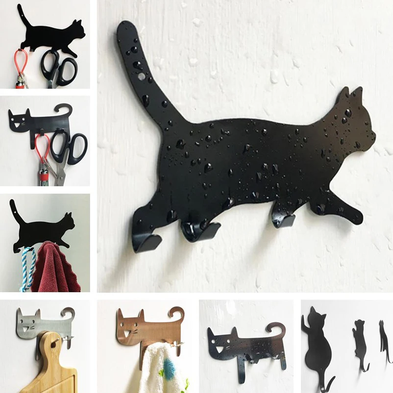 Kitchen Wall Door Metal Hook Key Hanger Cat Tail Shaped Decorative Holder Clothes Storage Rack Seamless Hook Tool Accessories