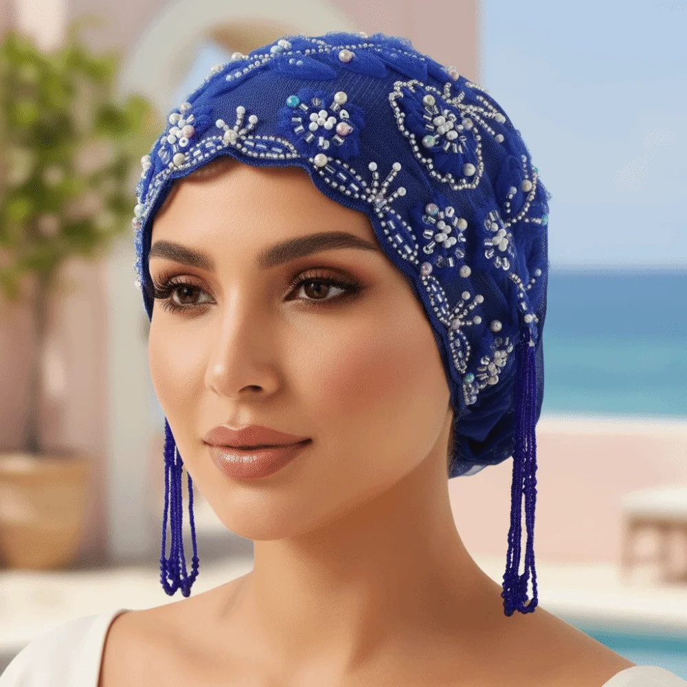 

Shiny Beads Turban Hat Flower Embroidery Sheer Mesh Fishtail Cap Pre-tied Elastic Band Indian Headscarf Ethnic Festival