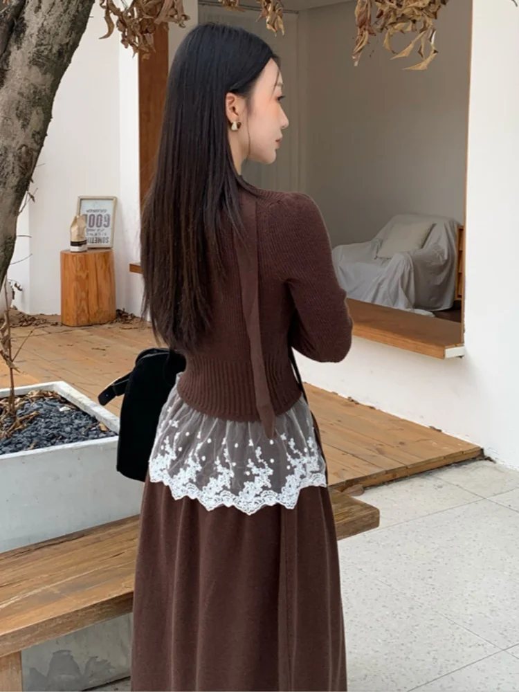 새로운 패션 달콤하고 매운 소녀 레이스 패치워크 브이넥 긴팔 상의 투피스 세트 하이웨이스트 롱 스커트 니트 2피스 의상