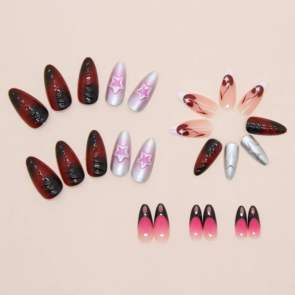 24 pçs manicure longo amêndoa unhas falsas cor cereja francesa falso nials destacável simples dicas de unhas feminino