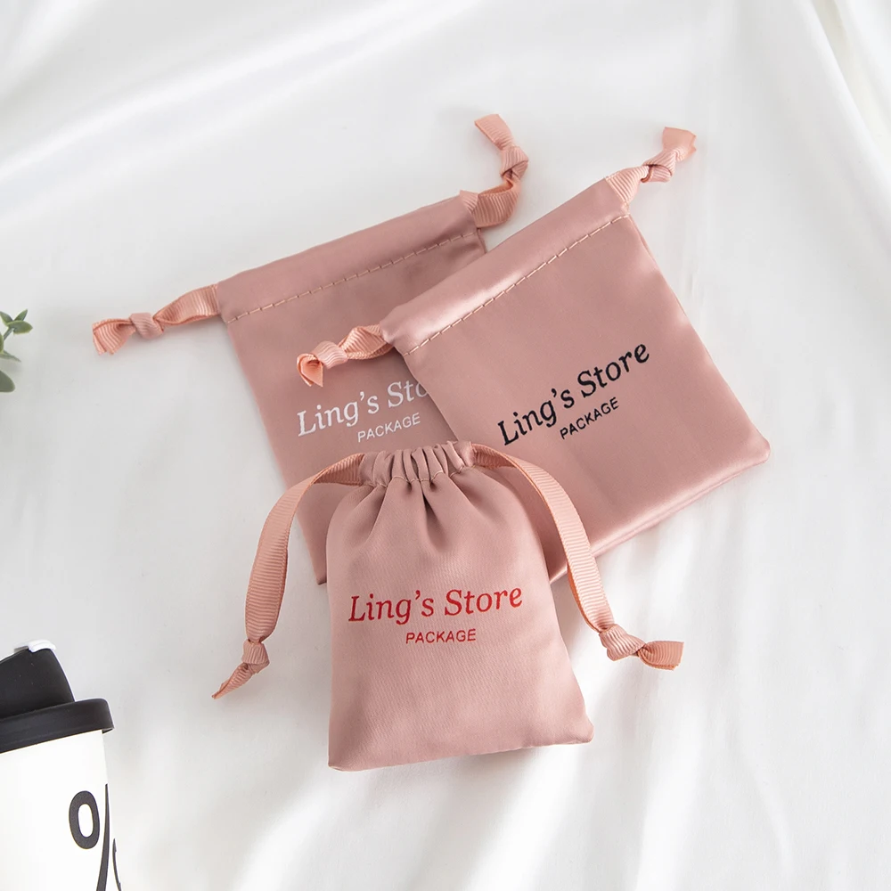 

50Pcs Personalized Pink Silk Jewelry Drawstring Bag Print Logo Packaging Satin Pouches Rings Wedding Favors Guests Candy Pocket