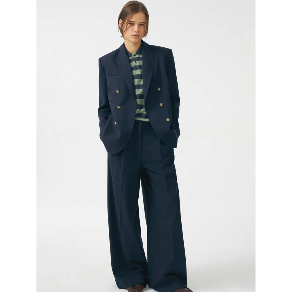 

Fashion Peak Lapel Navy Blue Bleazer&Pants Women's Suit 2 Piece Set Double-Breasted Loose Office Buisness Casual Female Outfits