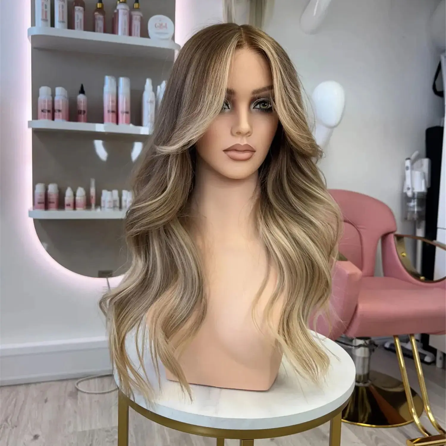 

Middle Parting Light Brown Wave Glueless Wig Preplucked Hairline High Quality Synthetic HD Lace Front Wig Heat Resistant Fiibre