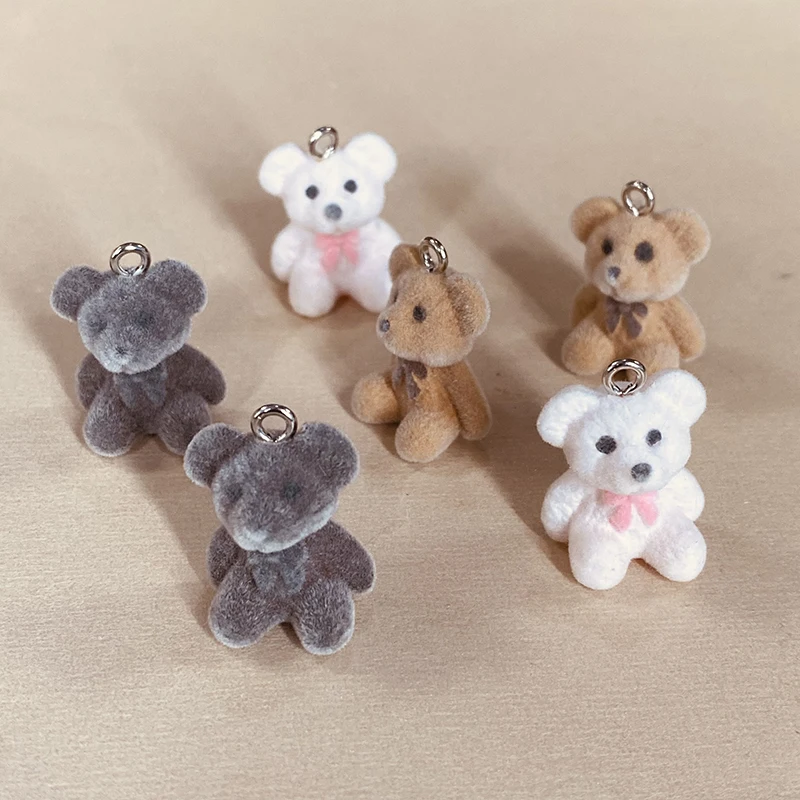 6pcs Cute Flocked Bear Resin Charms Lots Miniature Animal Pendants For Earring Necklace Keychians Diy Jewelry Making