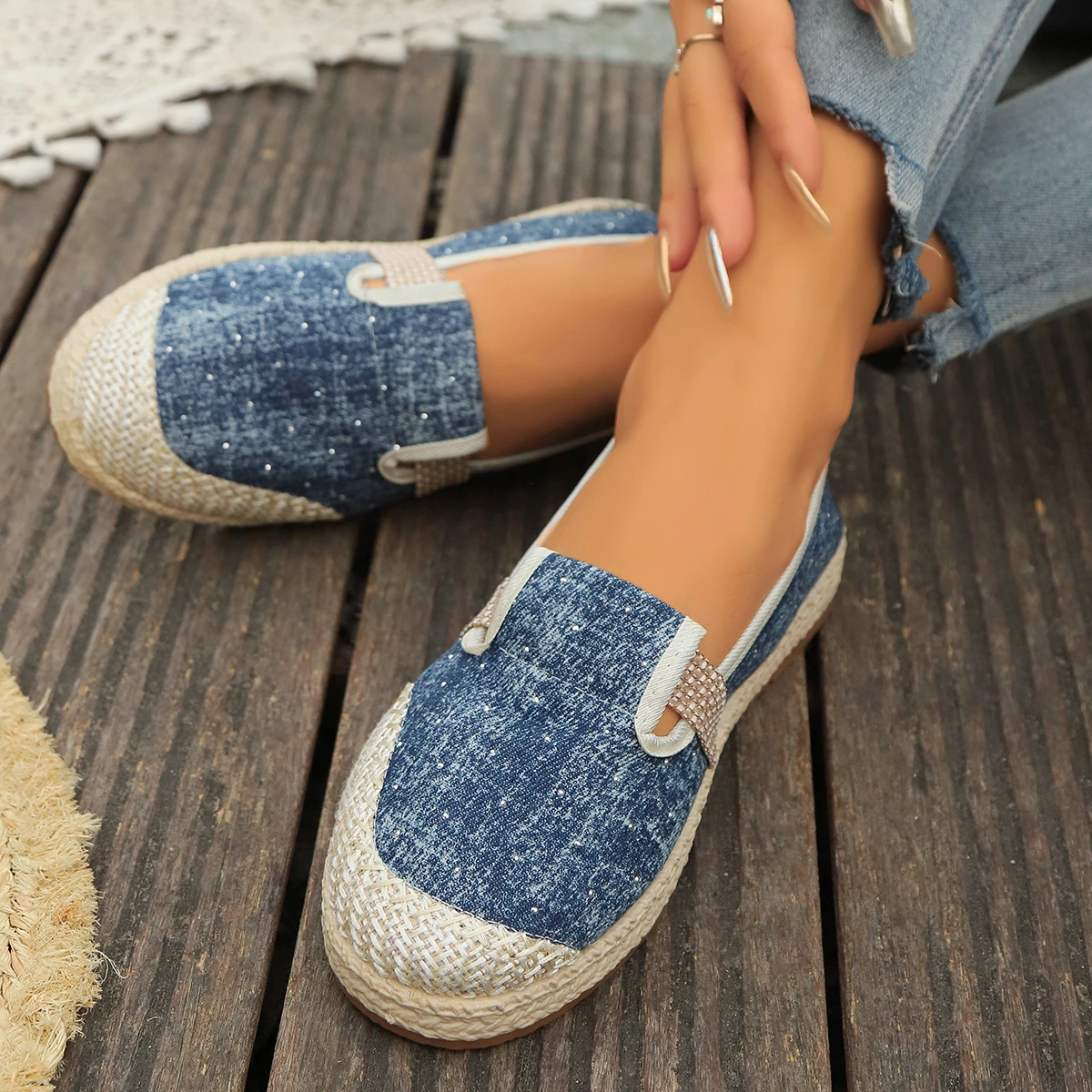 Mocasines planos de lona de lino a rayas para mujer, mocasines informales cómodos de estilo vegano, color gris y azul, novedad de 2024