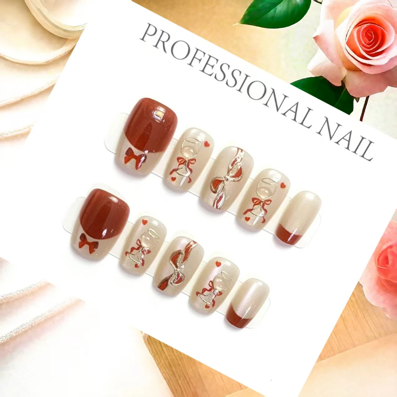 

10PCS Handmade Nails Short Ladder Design Red Wine Shake Elegant Style for All Occasions With 4-PIECE Tools Nail Adhesive Tabs