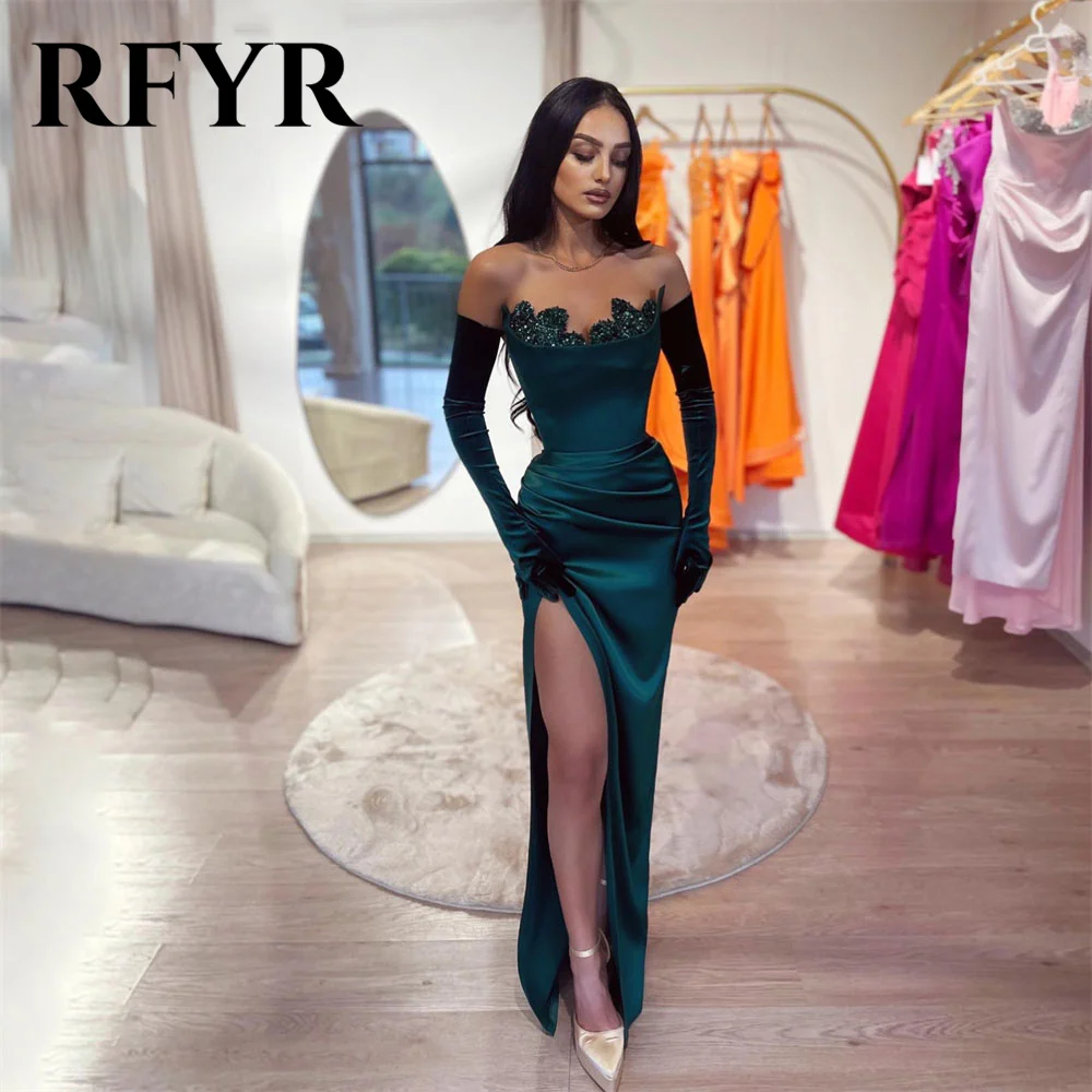 RFYR Dark Green Evening Dresses Mermaid Sexy Side Split Trumpet Beadings Prom Dress Backless Party Gowns With Gloves Party Dress