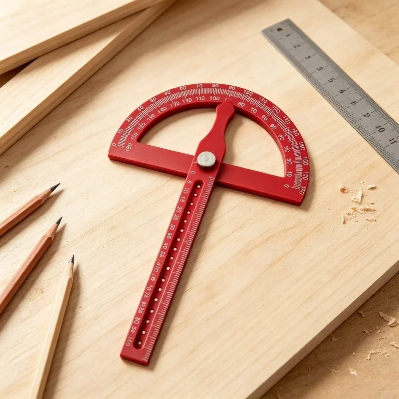 Red Plastic 180° Adjustable Protractor, Mini Portable Woodworking Angle Gauge, Sturdy Durable with Clear Precise Scale Markings