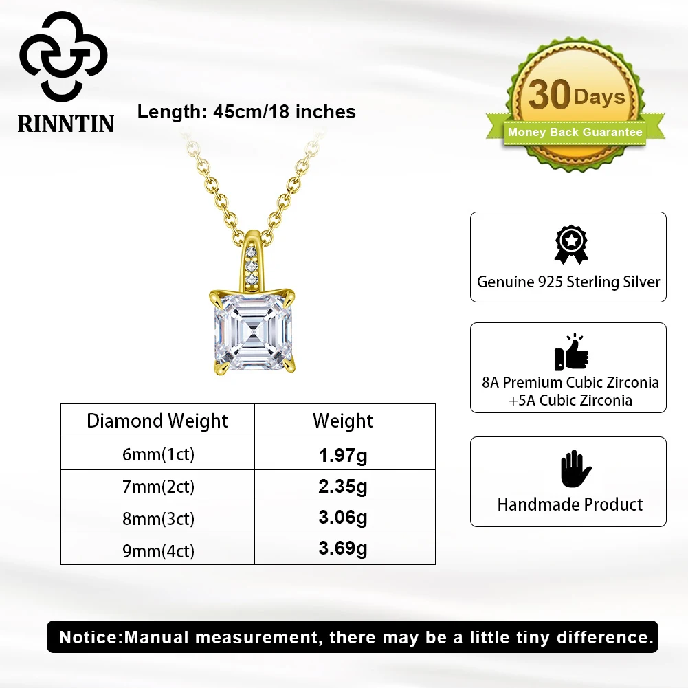 Rinntin Square 8A Premium Cubic Zirconia Pendant Necklace Women's Fine Jewelry 925 Silver 1ct 2ct 3ct 4ct Necklace Gift LZN15