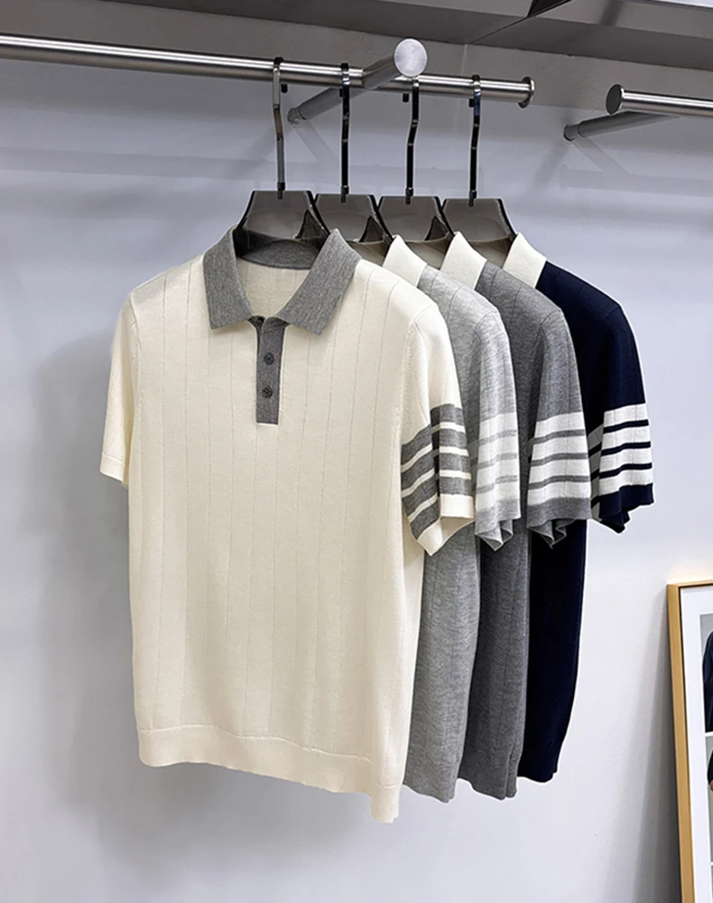 Hochwertiges Stricken Kurzarm POLO Shirt Herren neue Mode Luxus Marke Streifen Design weich komfortabel koreanischer Stil Freizeit Sommer atmungsaktives T-Shirt – Detail 2