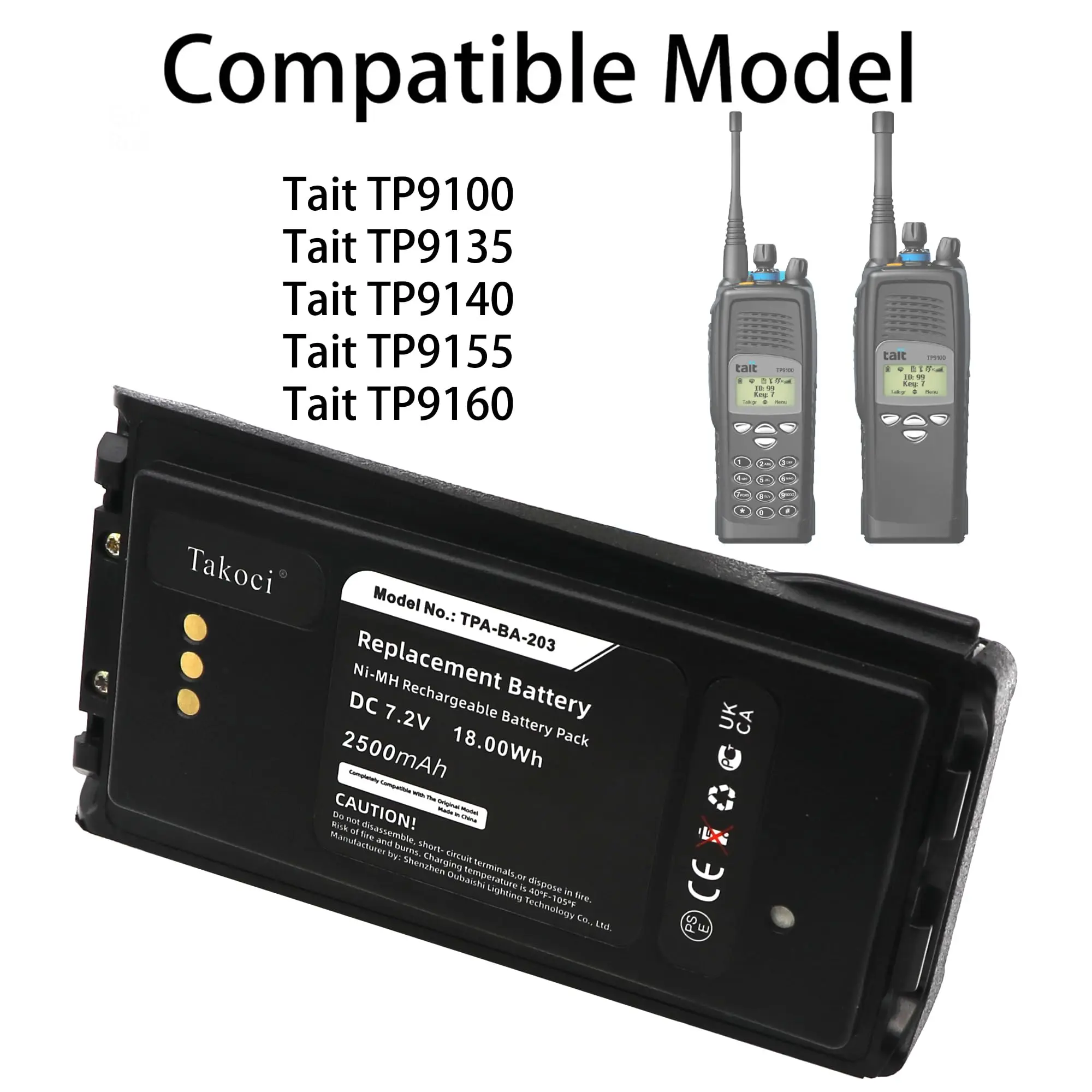 Replacement Battery for Tait  TP9100, TP9135, TP9140, TP9155, TP9160 TPA-BA-201, TPA-BA-203, TPA-BA-206 7.2V/mA