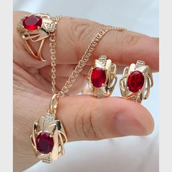 Kinel Hot 585 Rose Gold Color Ethnic Bride Necklace Earrings Ring for Women Shiny Red Natural Zircon Accessories Vintage Jewelry