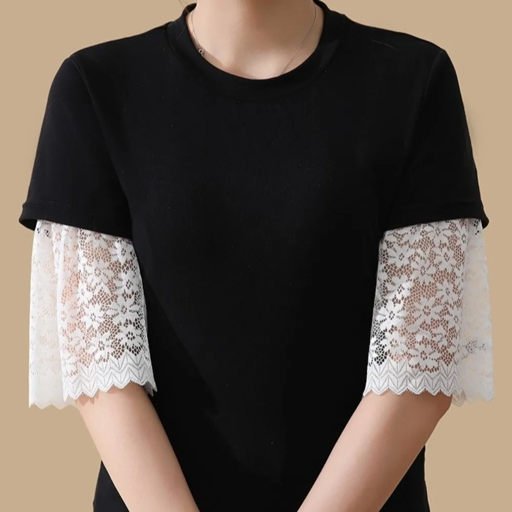 Elegant Solid Color Lace Floral Cuffs Bell Sleeves Stretchable Fake Sleeves White Black Wrist Accessories Female Fashion