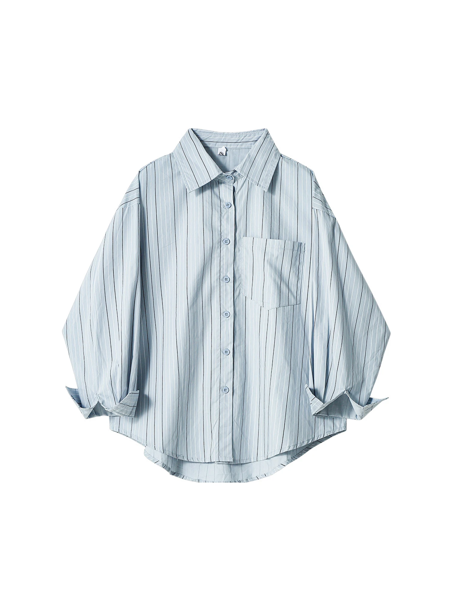 Women's Blue Striped Blouses and Shirts Elegant Y2k Vintage 2000s Long Sleeve Polo-Neck Shirt For Women Clothes Spring 2026 New
