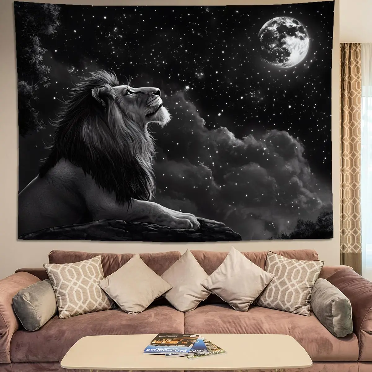 Black and White Lion Tapestry – Cool Space Moon Stars Wall Hanging for Men, Aesthetic Lion Wall Tapestry for Bedroom,Living Room