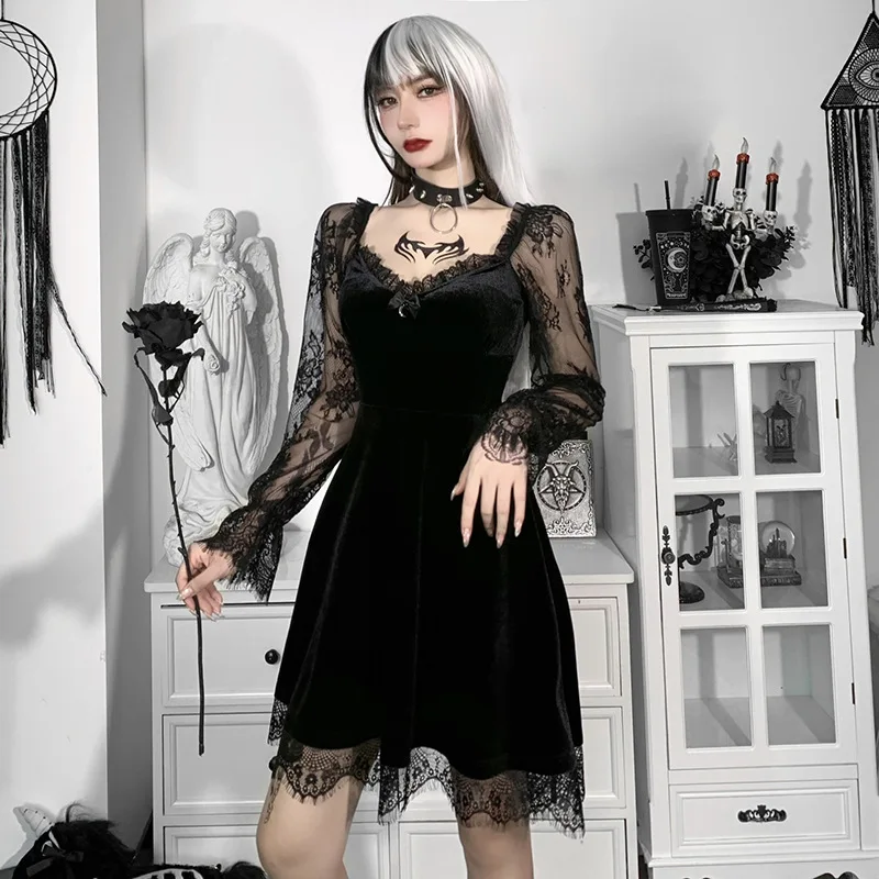 Gothic Lolita Girl Lace Trim Velvet A-Line Dress Women Sexy Perspective Long Sleeve V Neck Slim Mini Dress Cosplay Party Costume