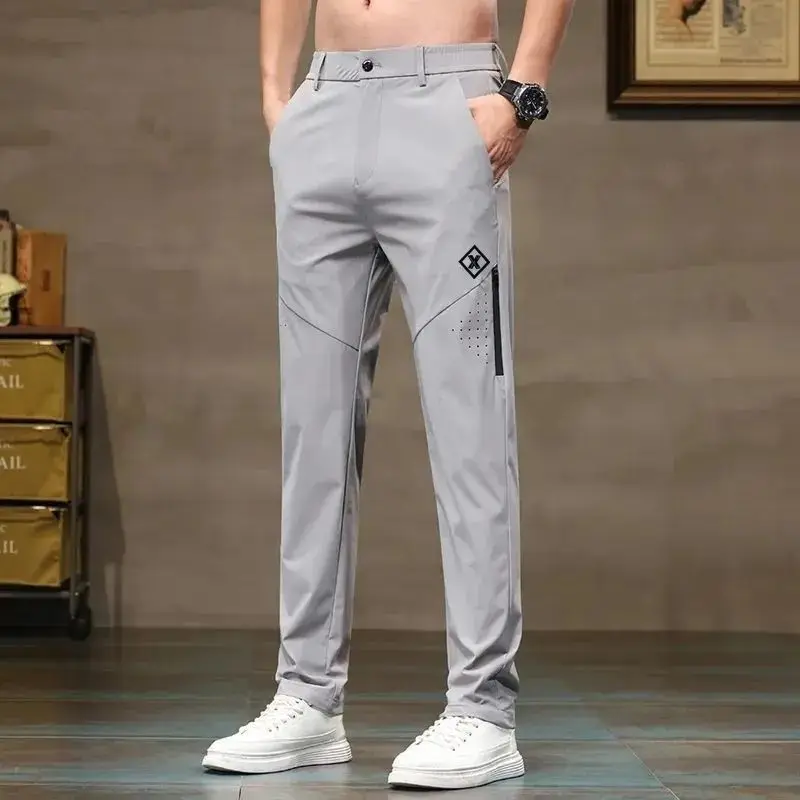 Celana Kasual Tipis Sutra Es untuk Pria Celana Bisnis Mewah Kaki Lurus Longgar, Celana Pria Musim Panas Modis