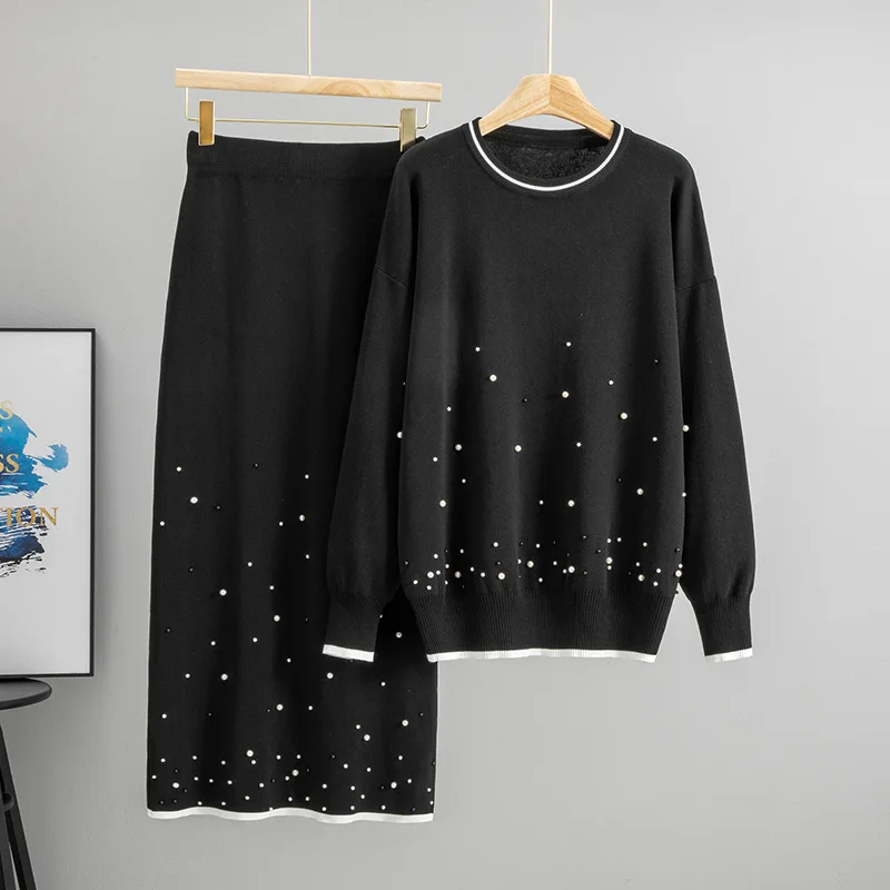 Muslimischen Perlen Frauen Pullover Stricken Anzug Zwei Stück Sets Pullover Gestrickte Lange Rock Outfits Lässige Strickwaren Ensemble Herbst