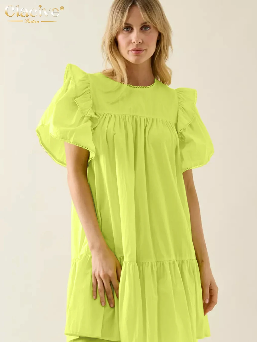 

Clacive Summer Loose Yellow Cotton Women's Dress Fashion O-Neck Short Sleeve Mini Dresses Elegant Classic Pleated Female Dress