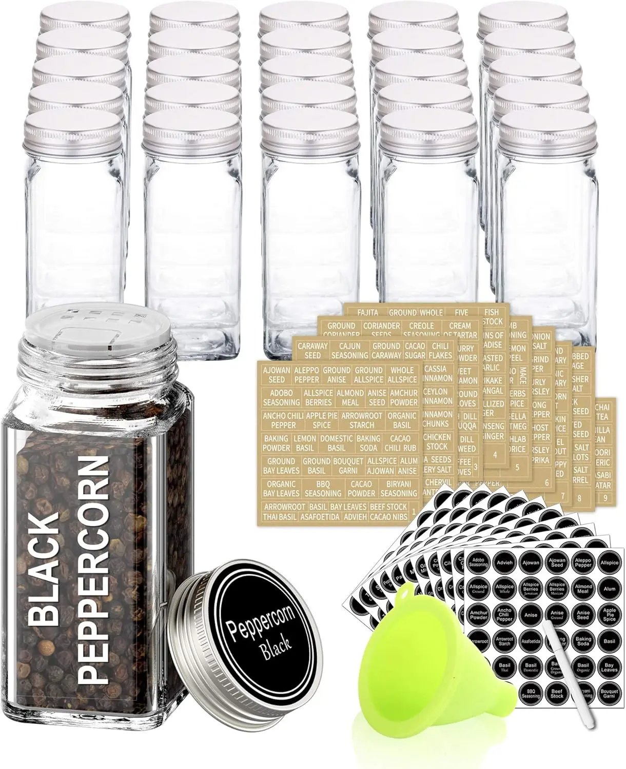 25 Glass Spice Jars with 713 Labels, Chalk Marker & Funnel Set - 4oz Square, Airtight & Shaker Lids