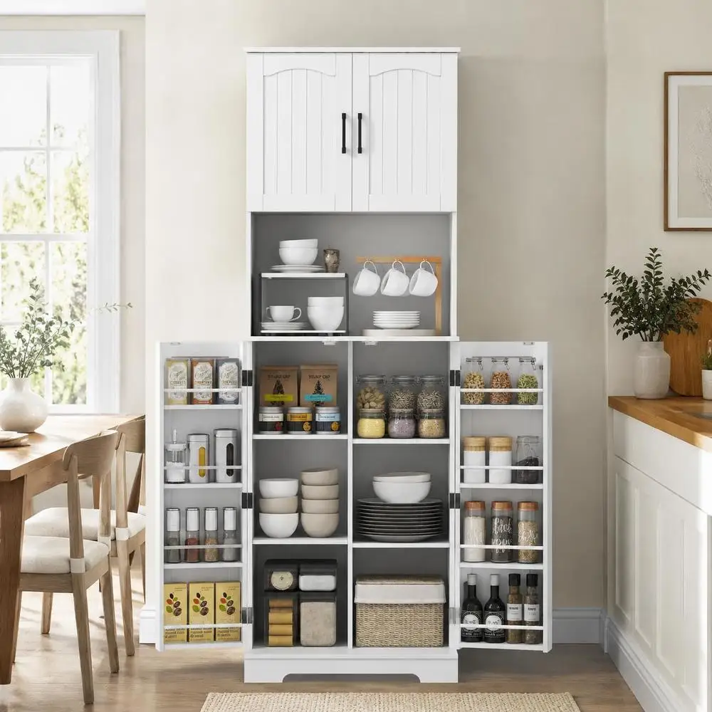 Buffet Haut Cuisine Armoire de Cuisine Portes Plan de Travail Porte-épices Étagères Réglables Xxcm Blanc