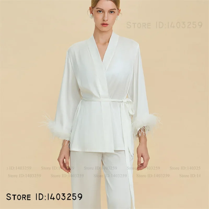 

Bride Wedding Sleepwear 2PCSPajamas Set Luxury Feathers Cardigan Trouser Suit Pijamas Spring Summer New Home Clothes Loungewear