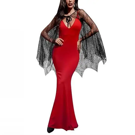 Capa de Tule com Renda de Vampiro e Aranha para loween, Fsia de Performance Teatral, Capa Vazada, Traje Étnico F