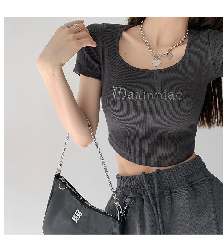 Retro American Short Sleeve T-Shirt Women Slim Embroidery Base Shirt INS Square Collar Low Chest Exposure Clavicle Belly Butt...