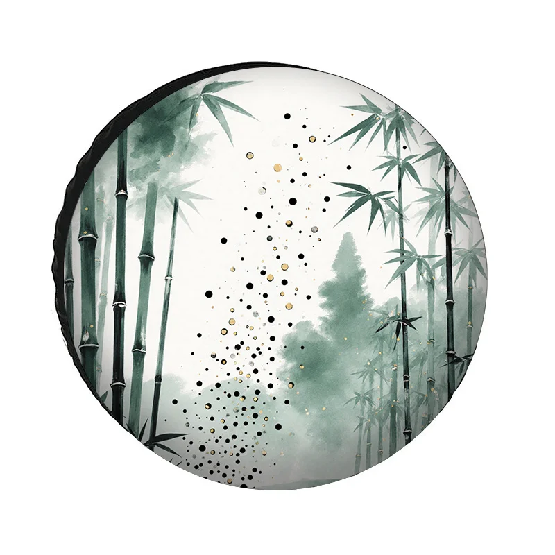 Polyester Fiber Bamboo Shadow Ink Art Style Car Tire Cover, Suitable For All Seasons, Waterproof, Snowproof, And Sunproof, Soft,