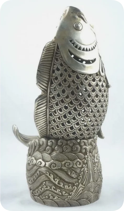 หายาก Oriental ทิเบตเงินเหมือนจริงรูปปลาธูป Burners Censer h:20 ซม